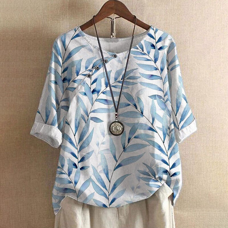 Demi | Women's Floral Linen Blouse Light Blue Three Quarter Sleeve