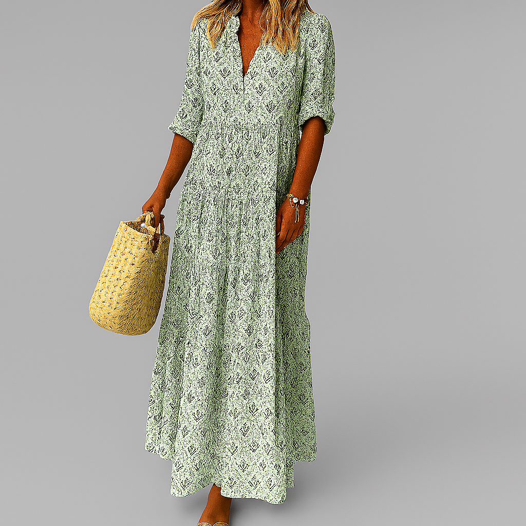 Ayla | Women's Boho Floral Maxi Dress Cream Three Quarter Sleeve