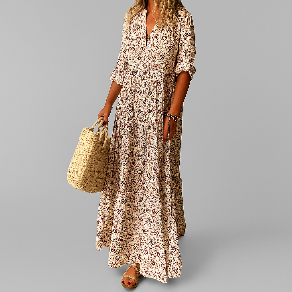 Ayla | Women's Boho Floral Maxi Dress Cream Three Quarter Sleeve