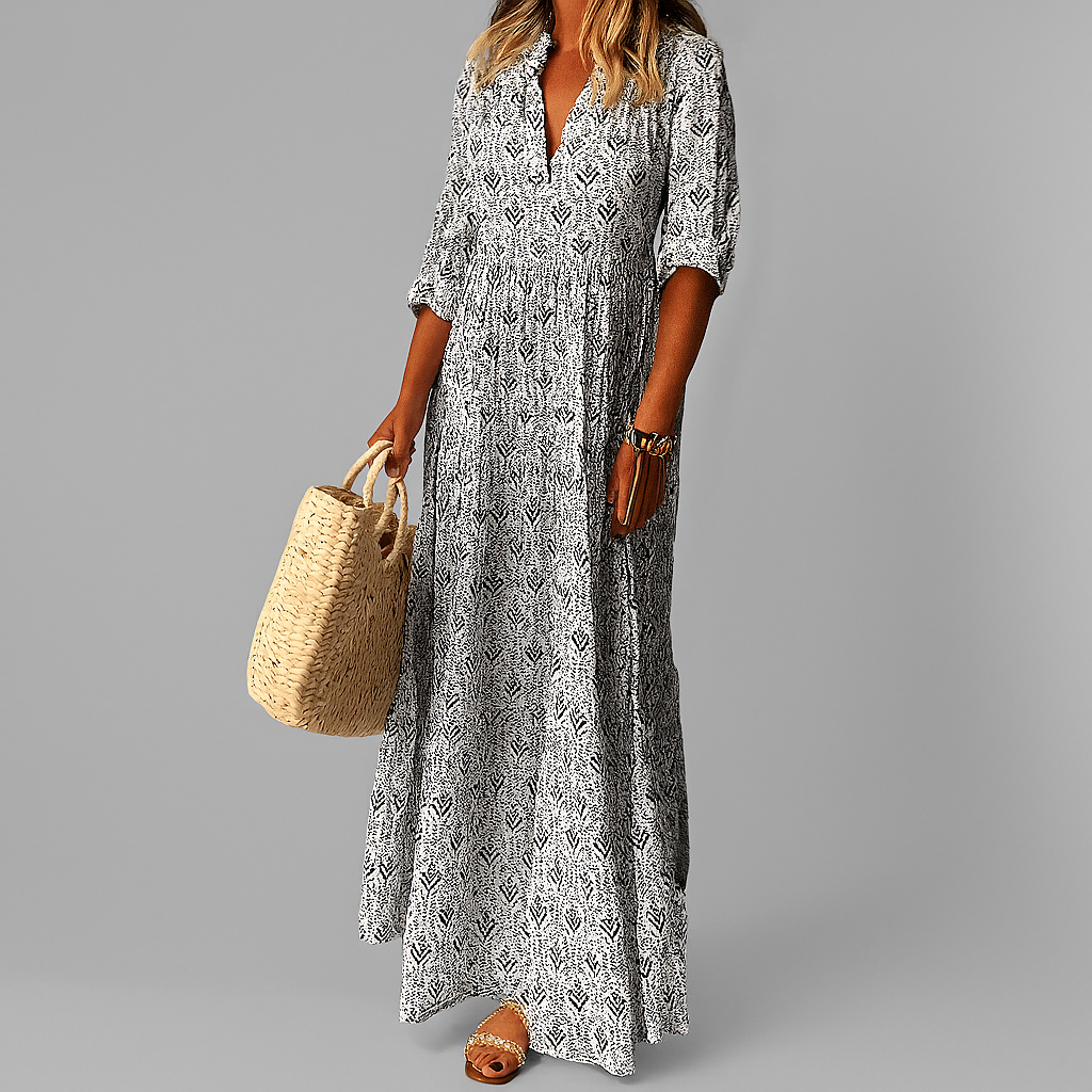 Ayla | Women's Boho Floral Maxi Dress Cream Three Quarter Sleeve