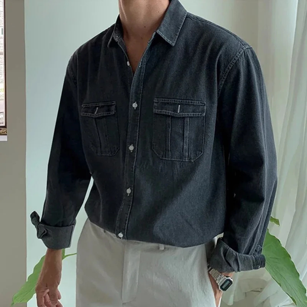 Beau | Men's Denim Shirt Light Blue Long Sleeve Chest Pocket