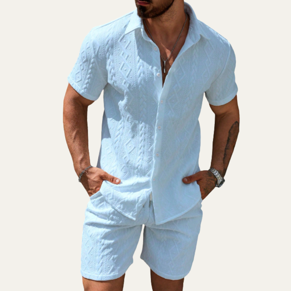 Ives | Men's Cable Knit Button Up Shirt Brown Short Sleeve