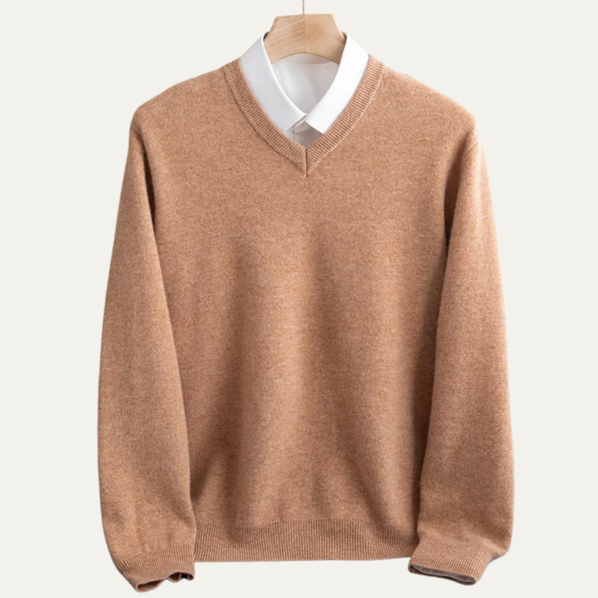 Beau | Men's V Neck Sweater Camel Wool Blend
