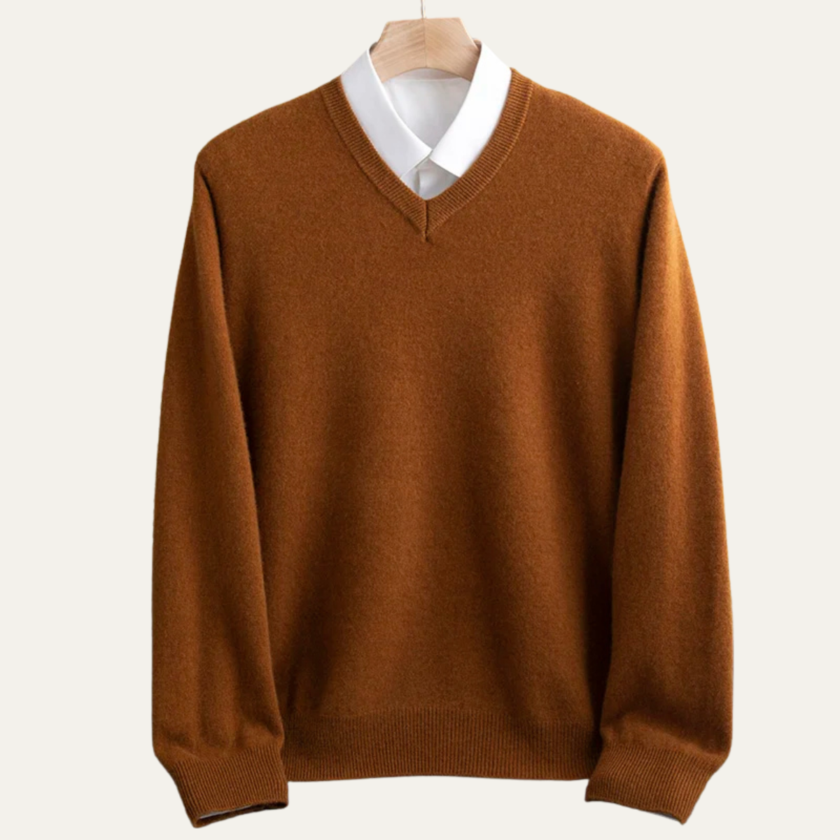 Beau | Men's V Neck Sweater Camel Wool Blend