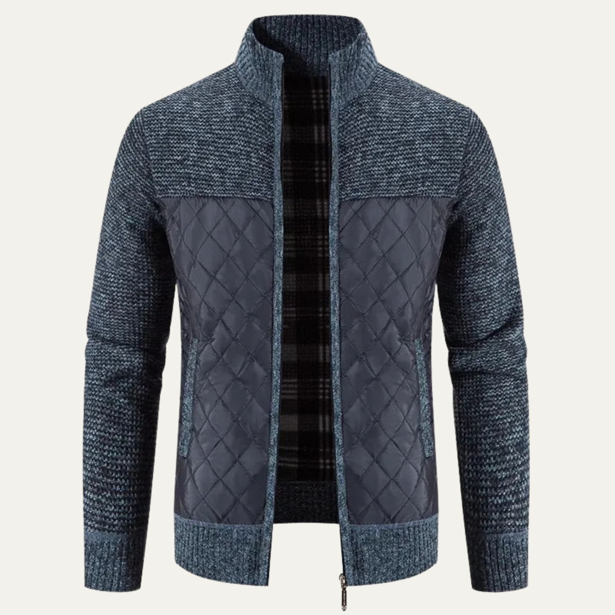 Voss | Men's Quilted Cardigan Sweater Charcoal Gray Stand Collar