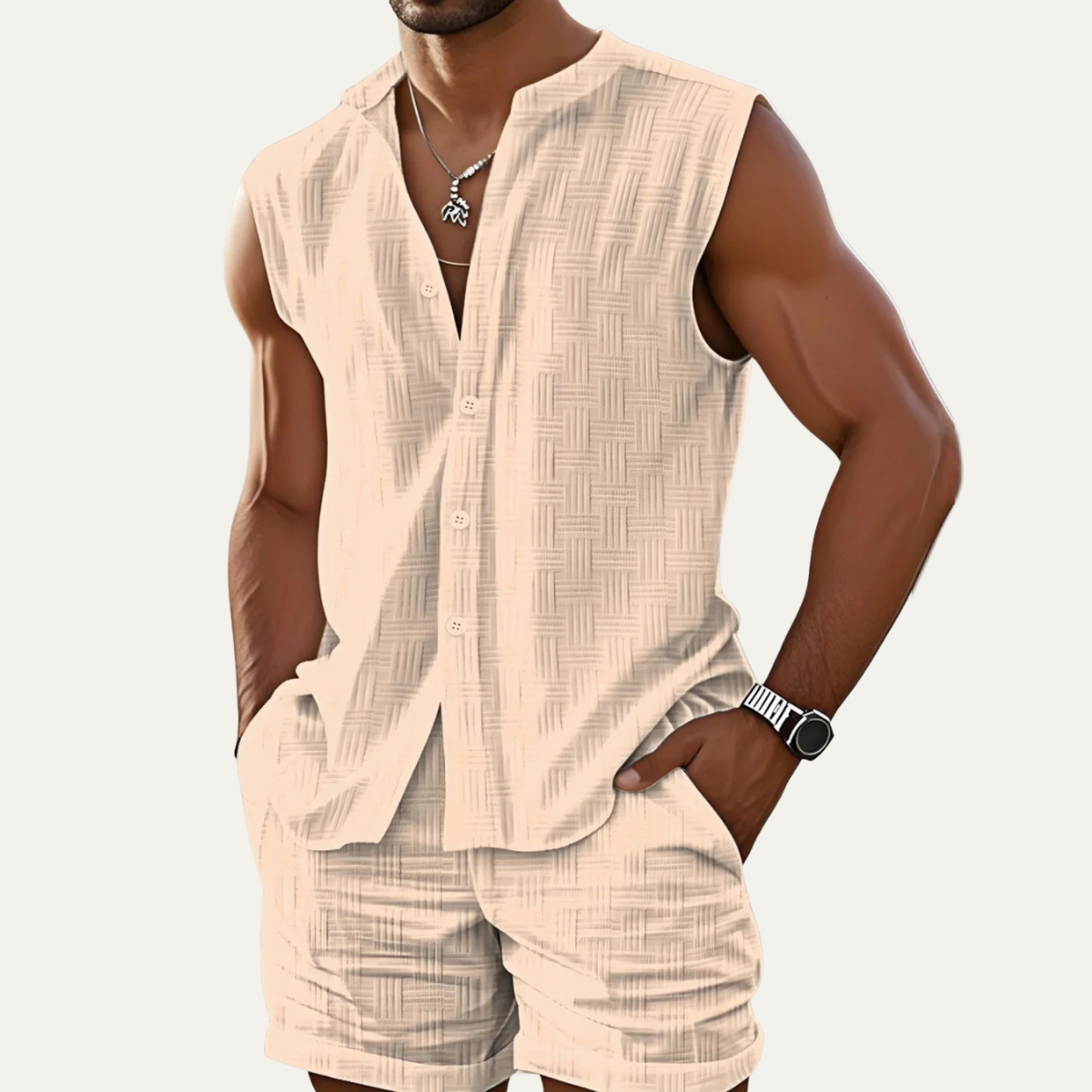 Axel | Men's Casual Sleeveless Button Up Shirt Light Blue Textured