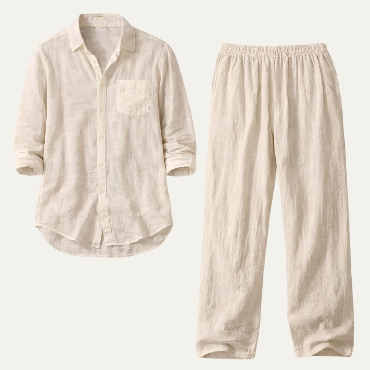 Sage | Men's Linen Lounge Set Cream Button Up Shirt Wide Leg Pants