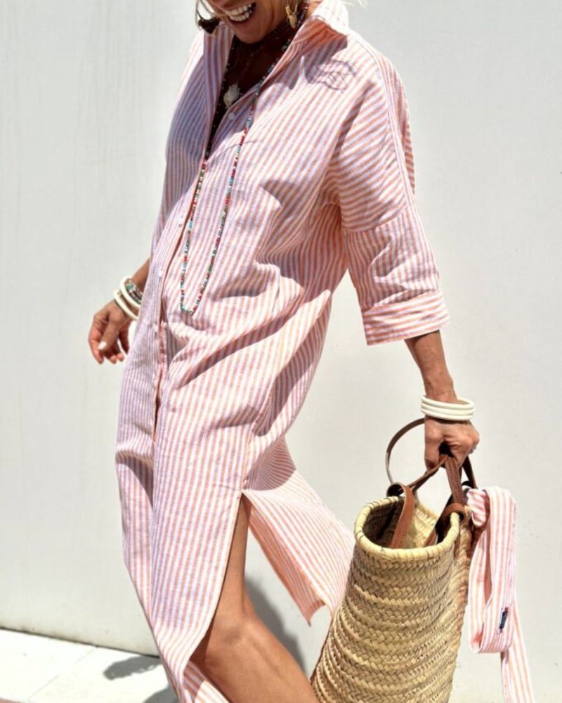 Cora | Women's Striped Shirt Dress Pink Long Sleeve