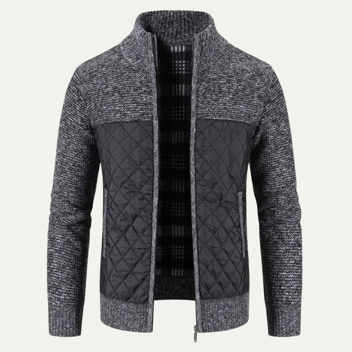 Voss | Men's Quilted Cardigan Sweater Charcoal Gray Stand Collar