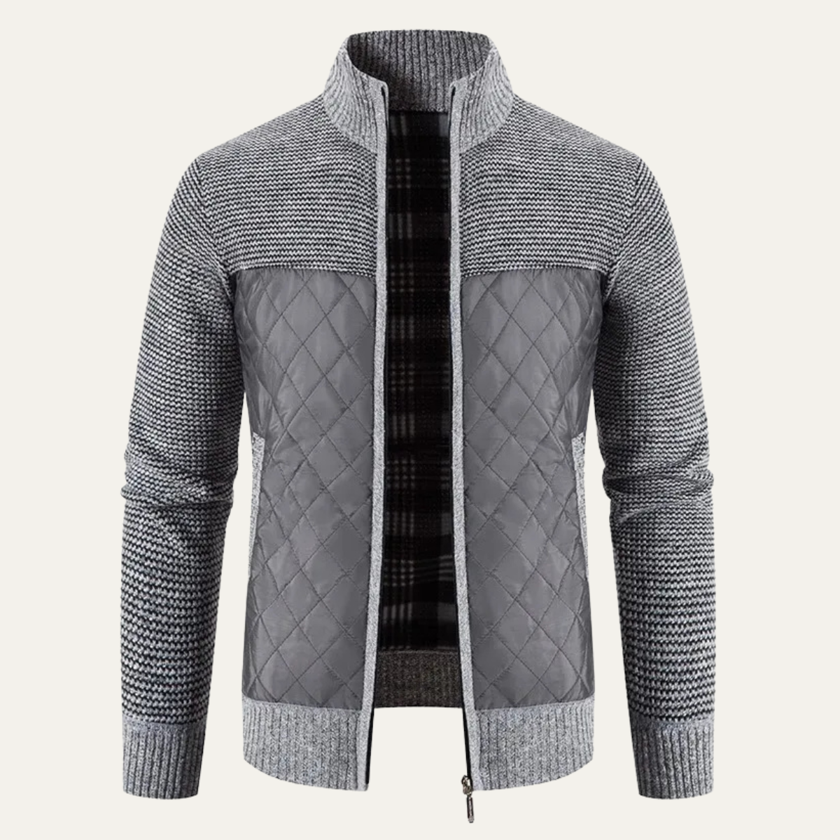 Voss | Men's Quilted Cardigan Sweater Charcoal Gray Stand Collar