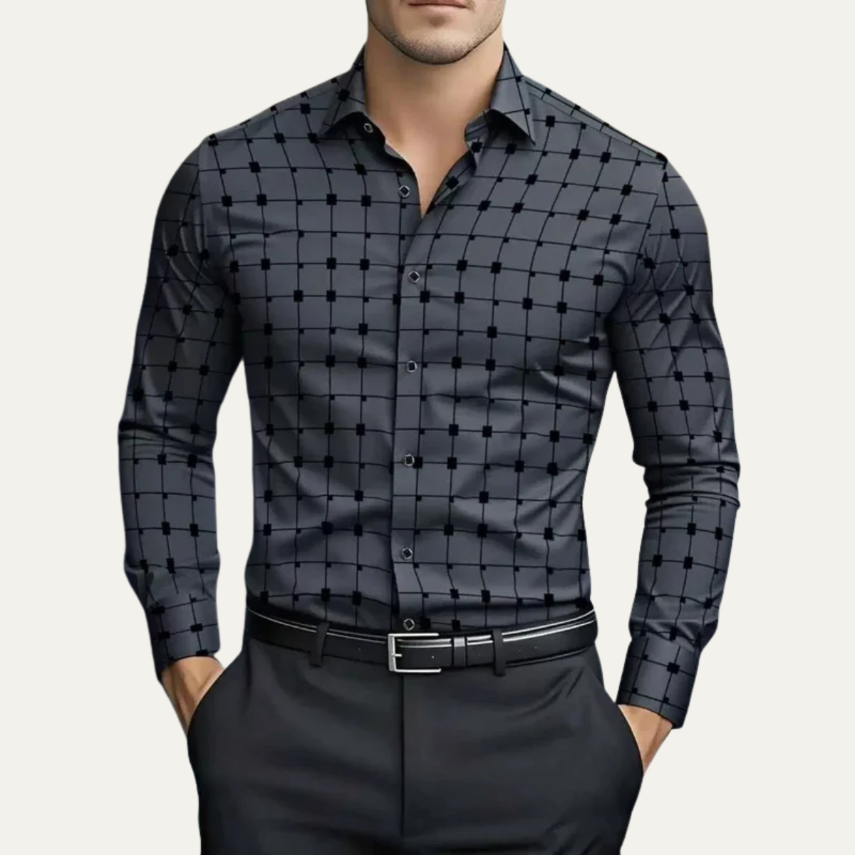 Ezra | Men's Check Print Dress Shirt Navy Blue Long Sleeve