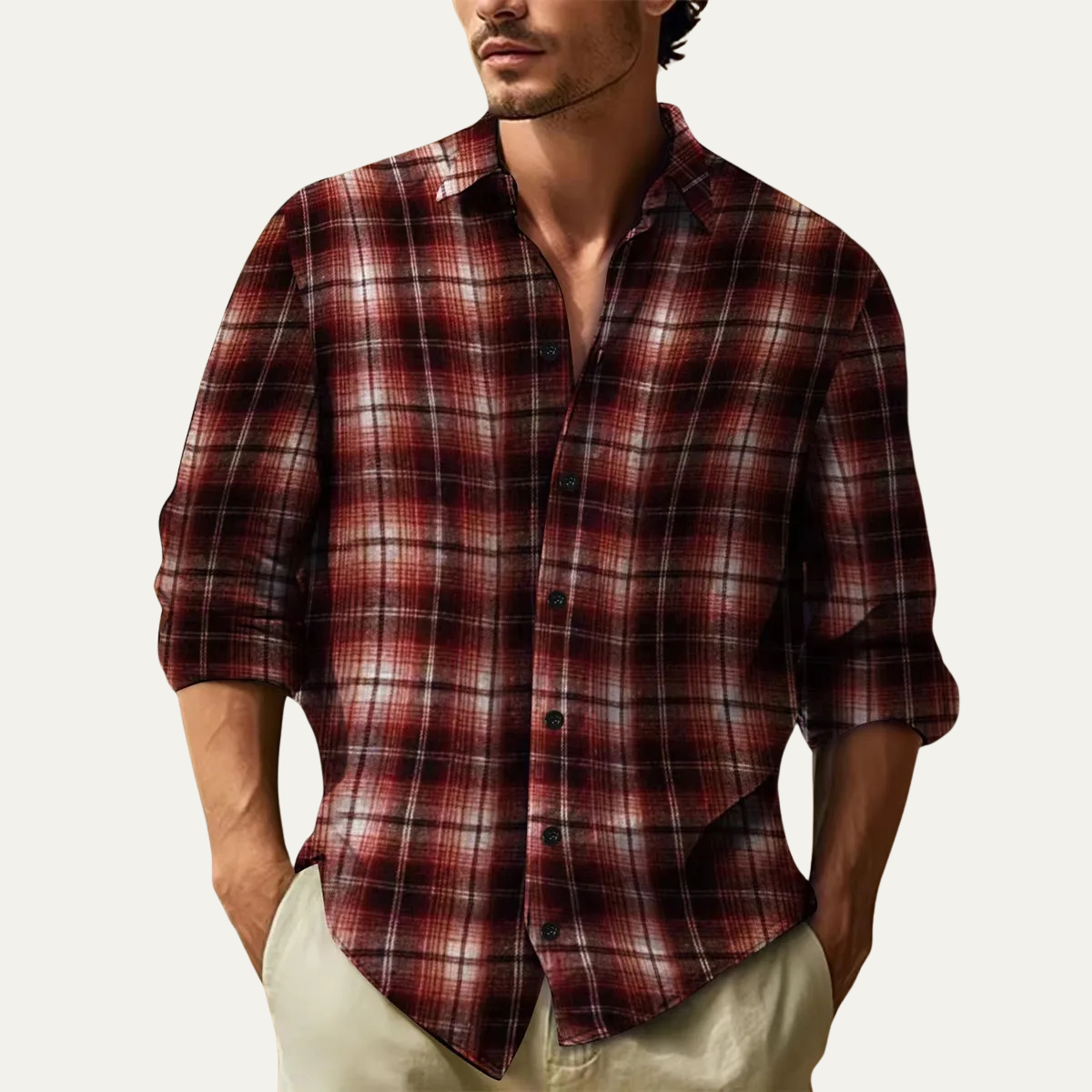 Beau | Men's Flannel Shirt Red Plaid Long Sleeve Button Down