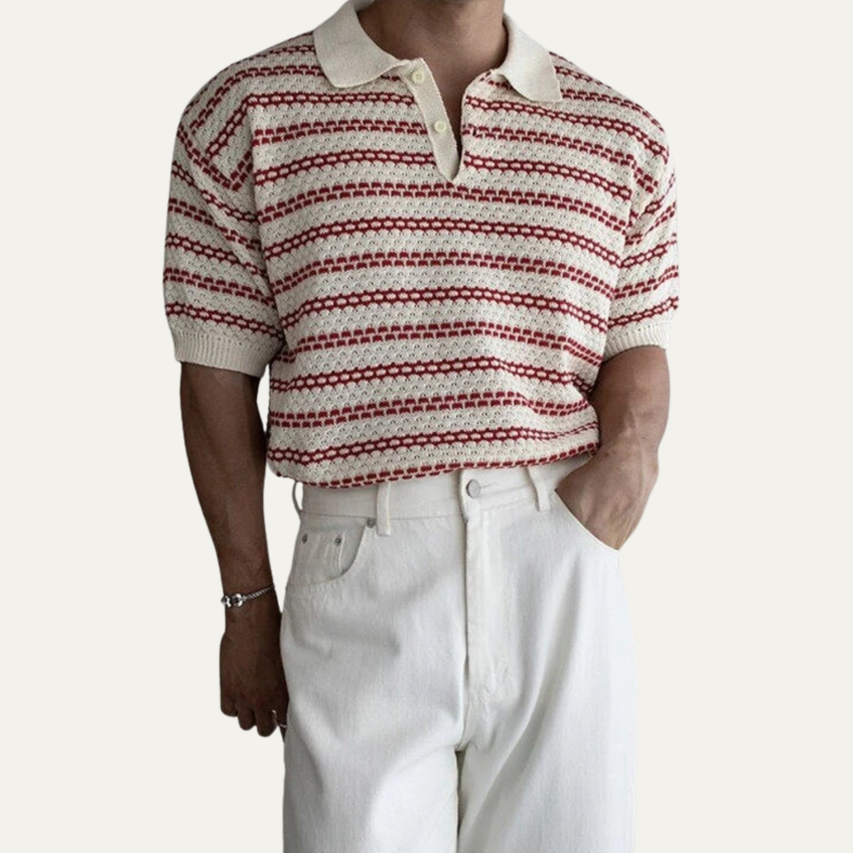 Beau | Men's Striped Knit Polo Cream Black Collared