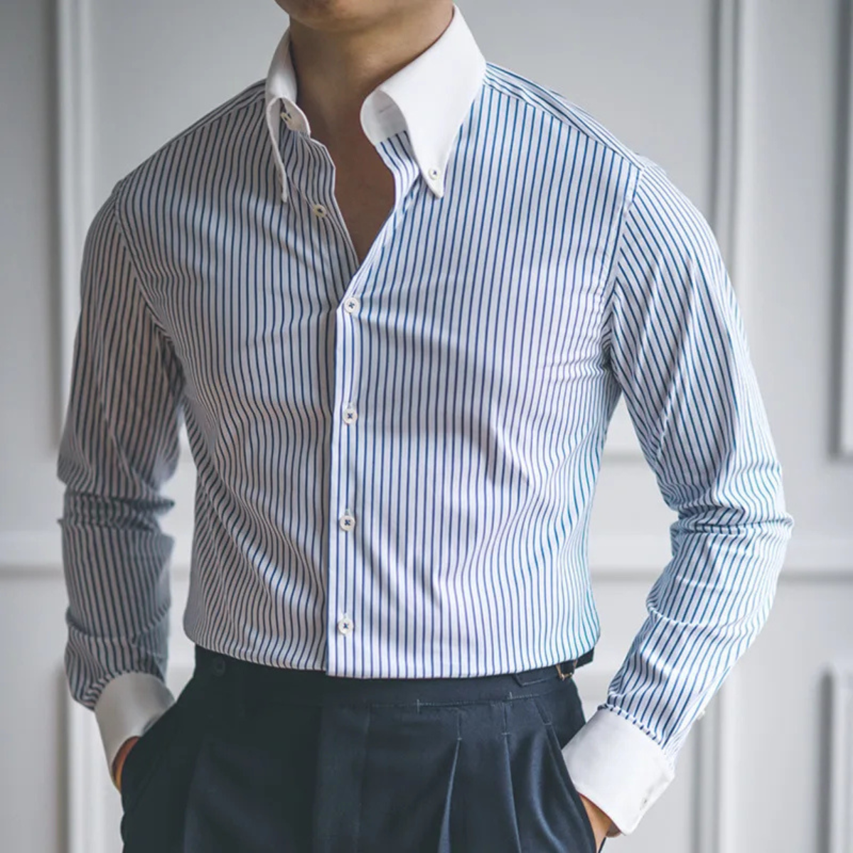 Blake | Men's Dress Shirt Blue Stripe White Collar Long Sleeve