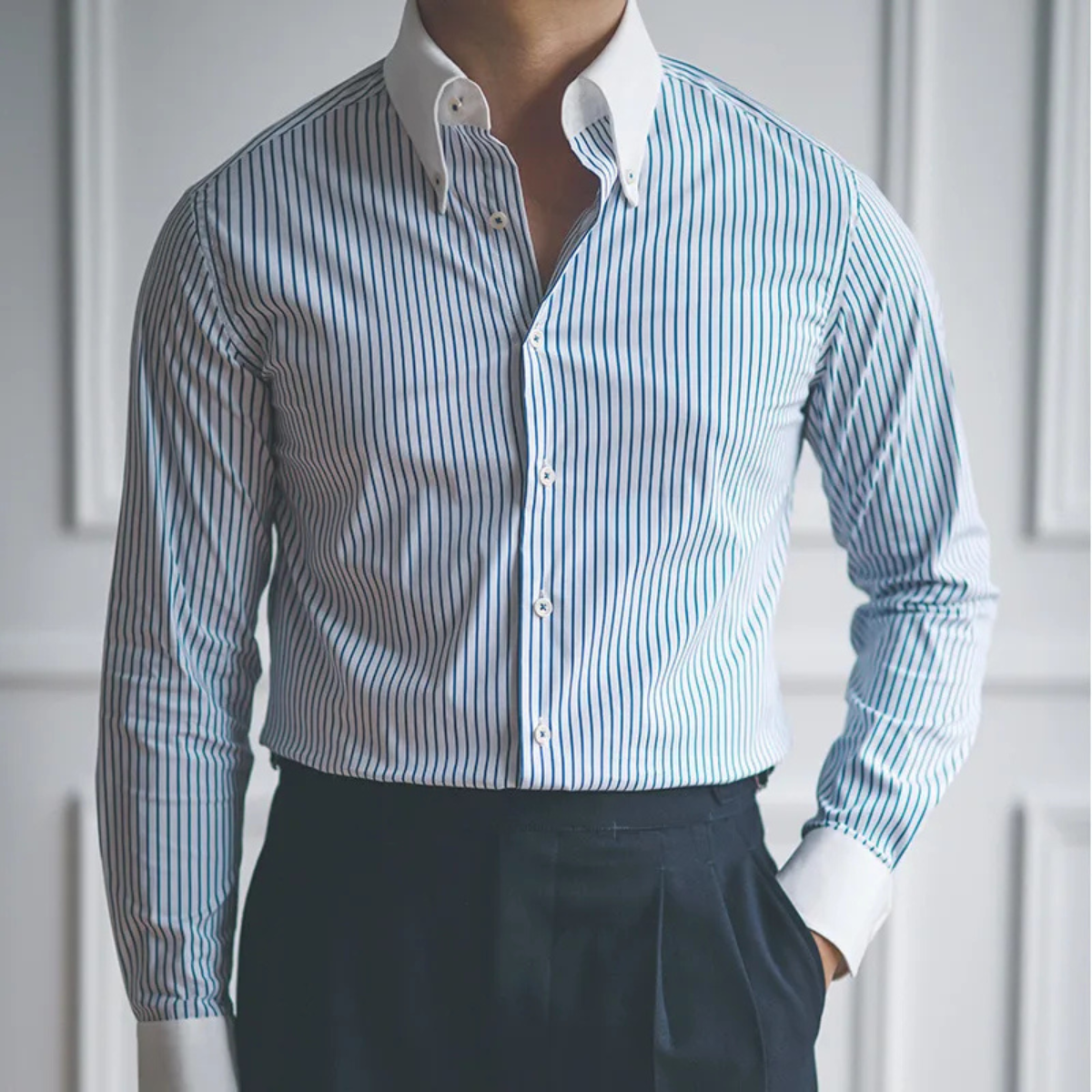 Blake | Men's Dress Shirt Blue Stripe White Collar Long Sleeve