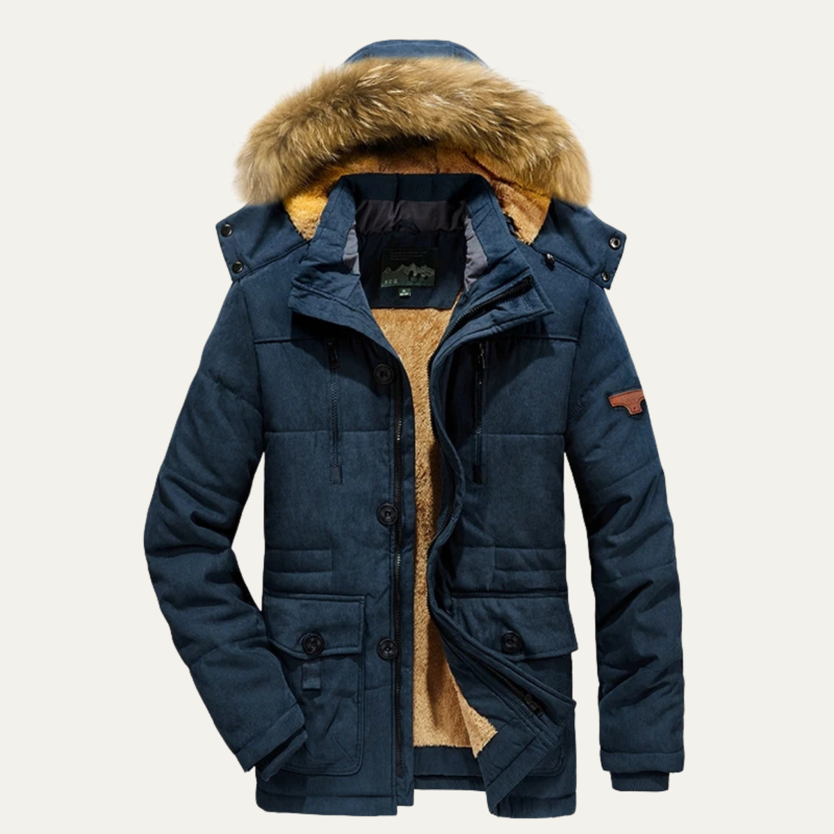 Axel | Men's Puffer Jacket Navy Fleece Lined Faux Fur Hood