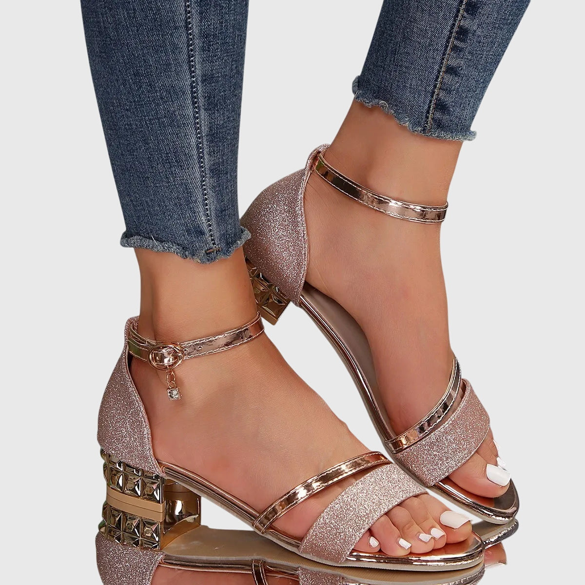 Ayla | Women's Black Glitter Ankle Strap Heeled Sandals Gold