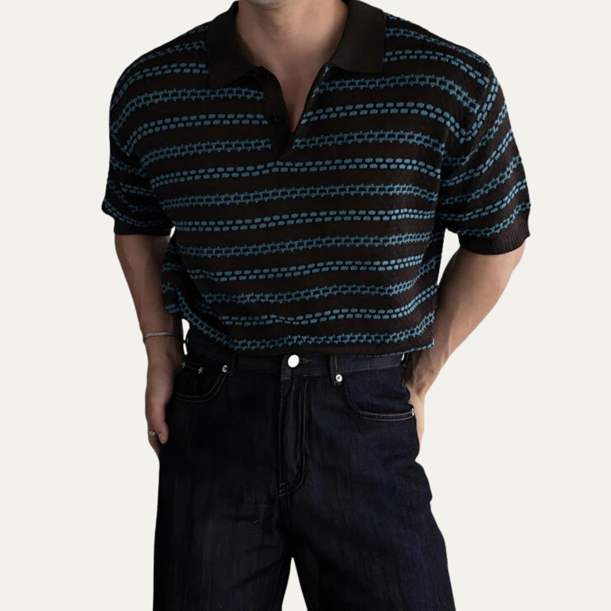 Beau | Men's Striped Knit Polo Cream Black Collared