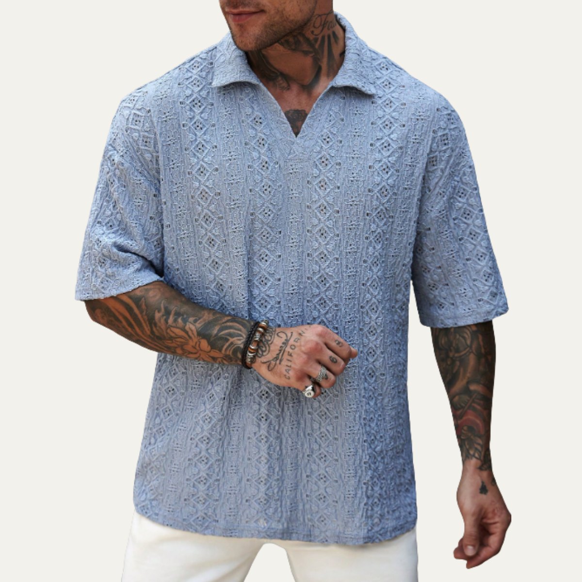 Beau | Men's Crochet Knit Short Sleeve Shirt Light Blue
