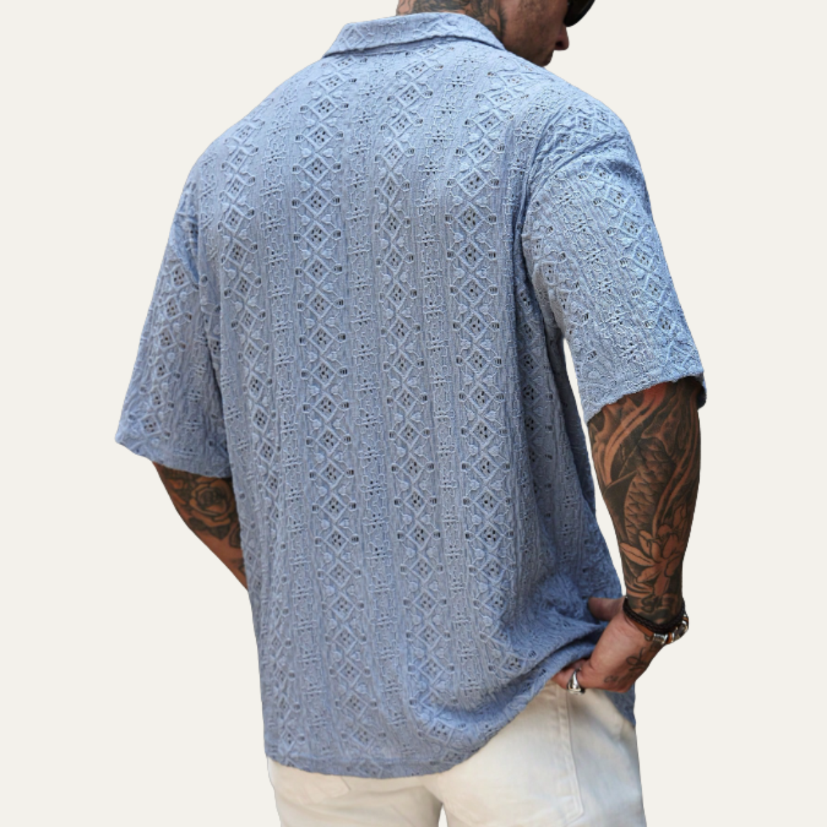 Beau | Men's Crochet Knit Short Sleeve Shirt Light Blue