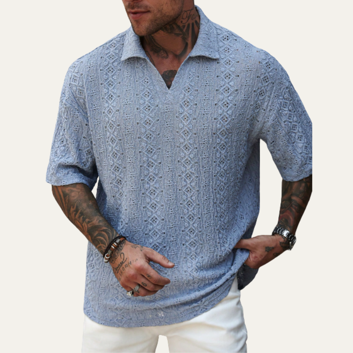 Beau | Men's Crochet Knit Short Sleeve Shirt Light Blue