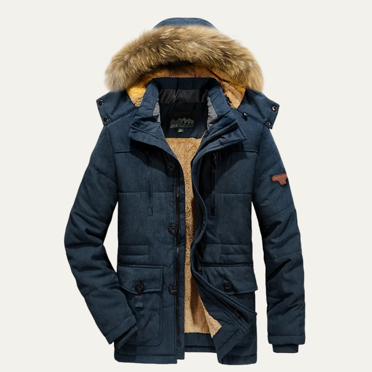 Jude | Men's Puffer Jacket Beige Faux Fur Hood Fleece Lined