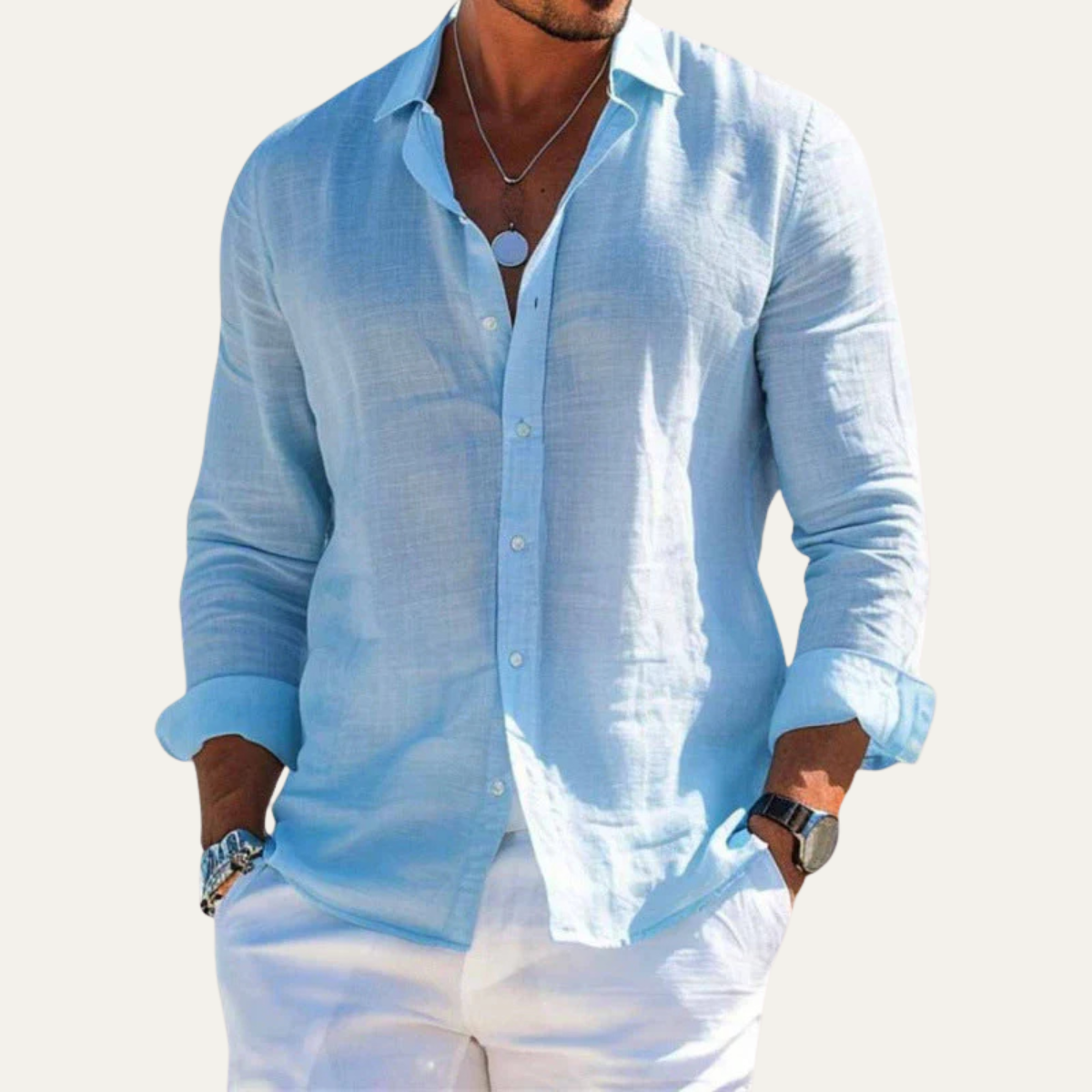 Axel | Men's Linen Shirt Light Blue Long Sleeve Casual Button Up