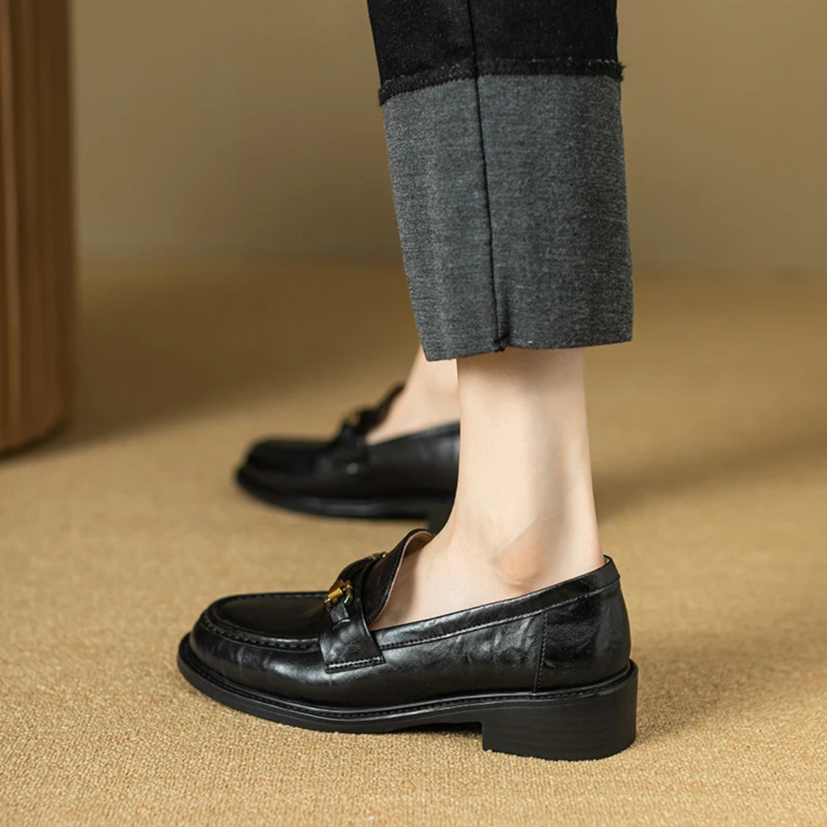 Axel | Men's Classic Slip On Leather Loafers Black Metal Buckle