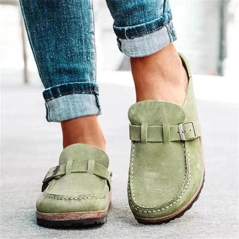 Greta | Women's Suede Loafer Mule Rust Buckle Detail