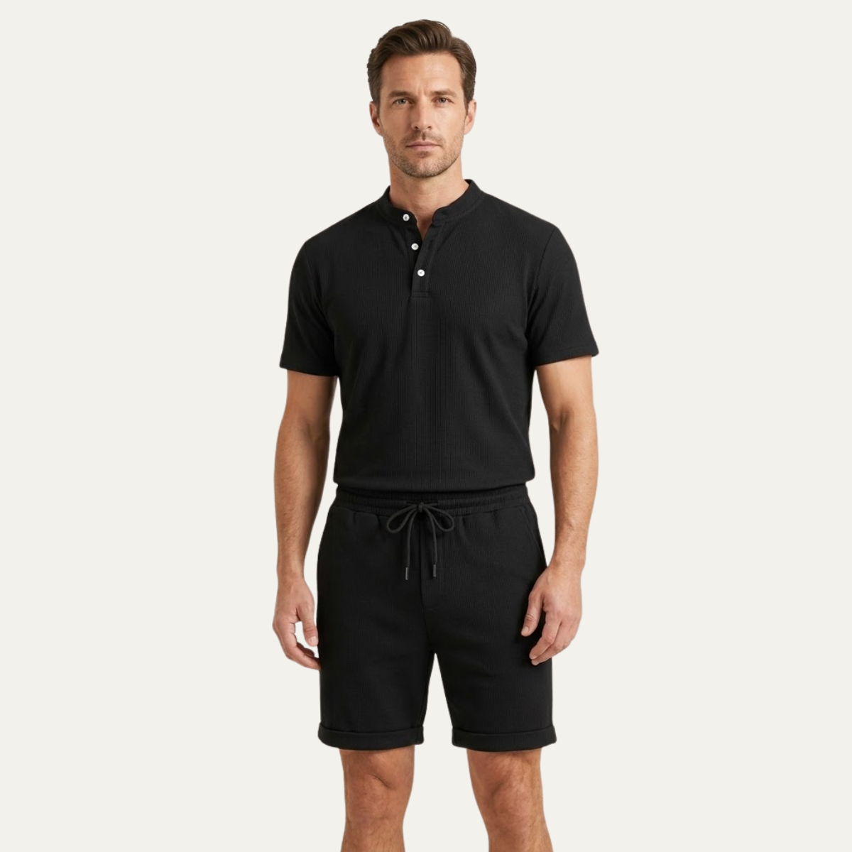 Callum | Men's Lounge Set White Short Sleeve Henley Shorts