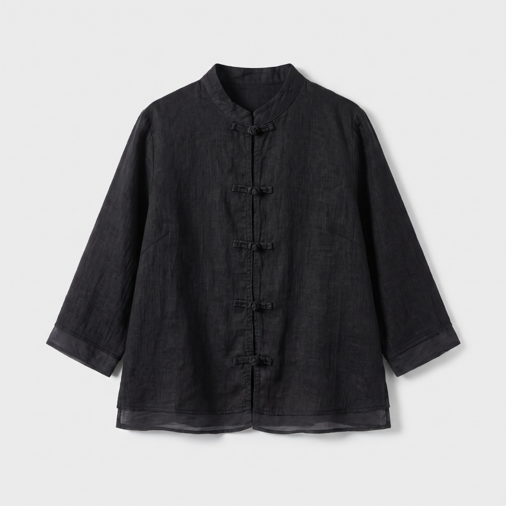 Camille | Women's Linen Shirt Green Mandarin Collar Button Up