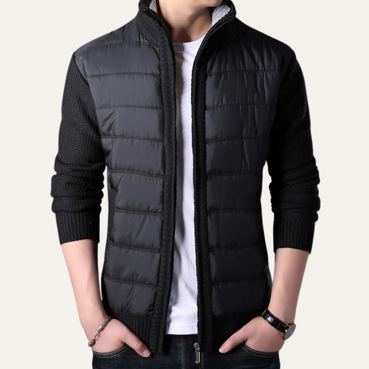 Axel | Men's Quilted Puffer Jacket Black Knit Sleeve