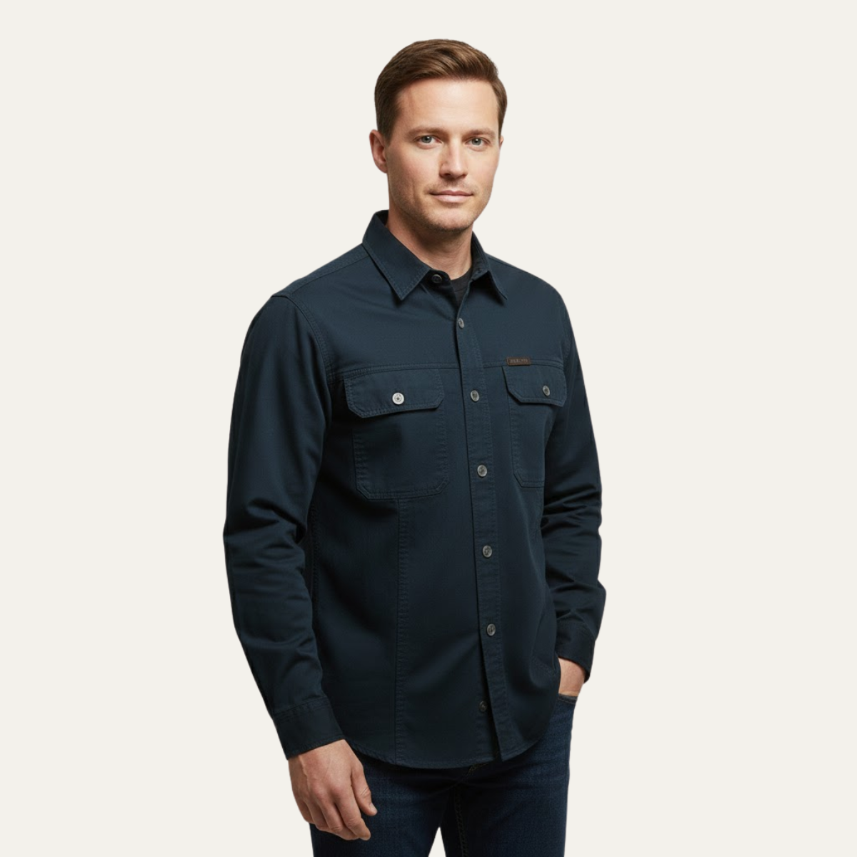 Eli | Men's Casual Denim Shirt Cream Long Sleeve Multi Pocket