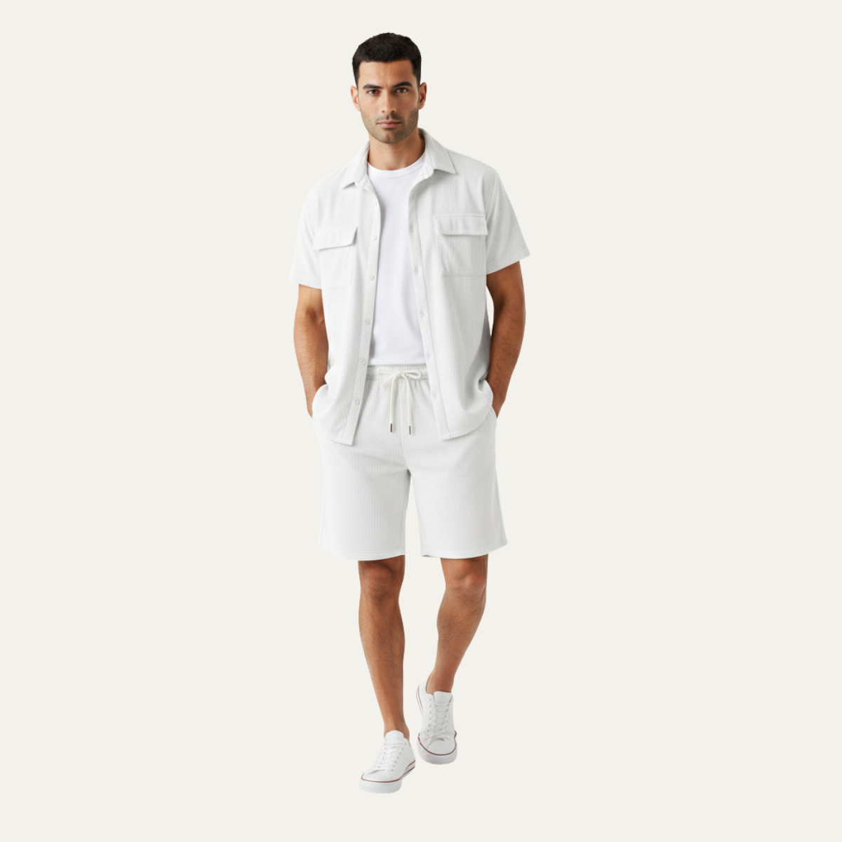 Beau | Men's Casual Corduroy Shorts Set Tan Short Sleeve
