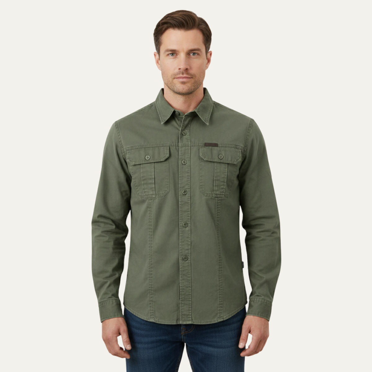 Beau | Men's Casual Utility Shirt Olive Green Multi Pocket