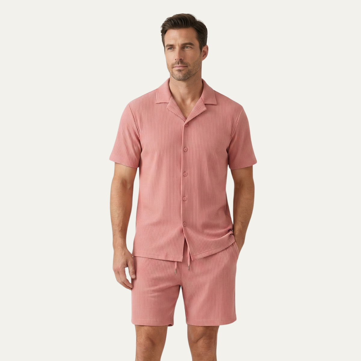 Voss | Men's Lounge Set Black Ribbed Short Sleeve Shirt Shorts
