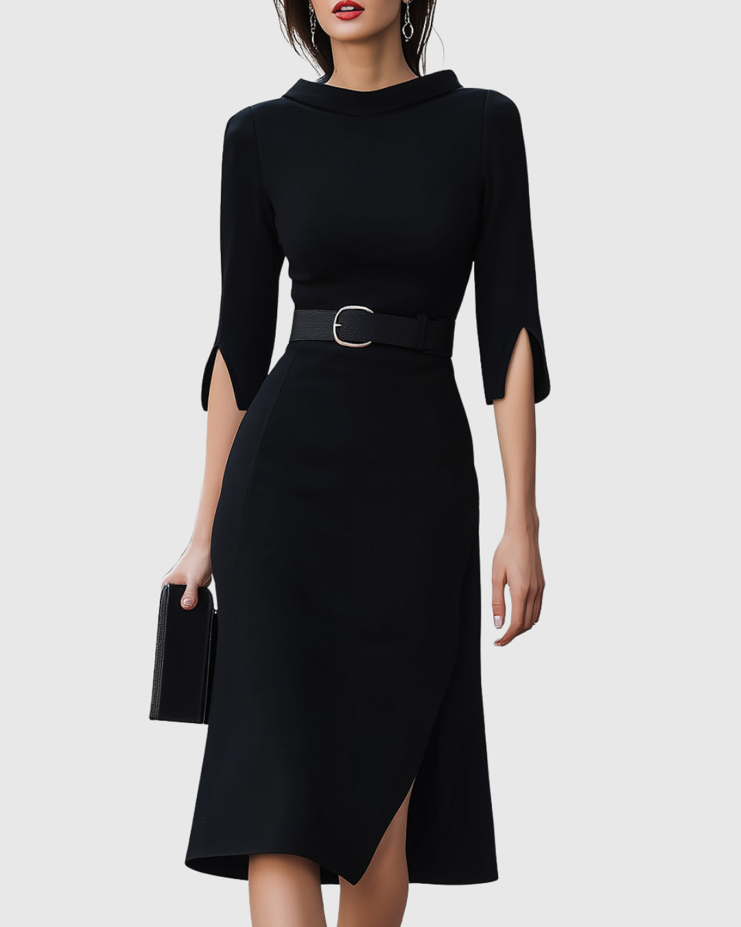 Elise | Women's Black Midi Dress Belted Cowl Neck