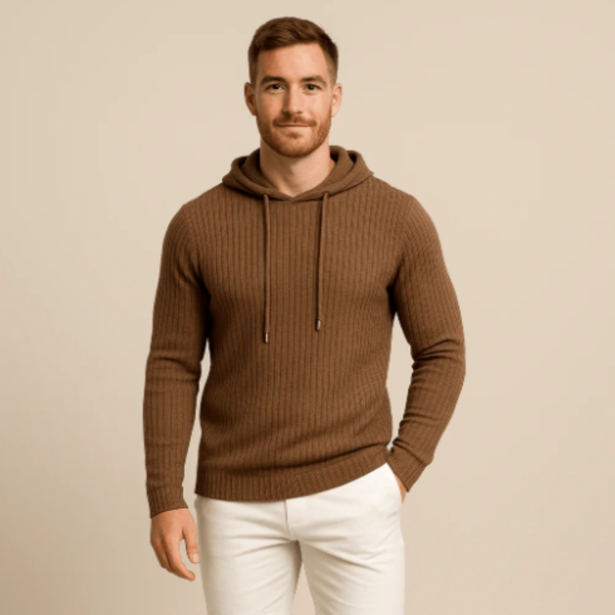 Wade | Men's Ribbed Knit Hoodie Brown Long Sleeve