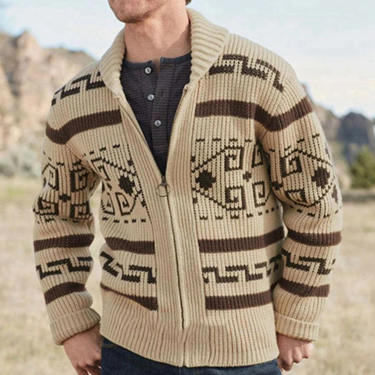 Sage | Men's Argyle Crew Neck Sweater Cream Brown