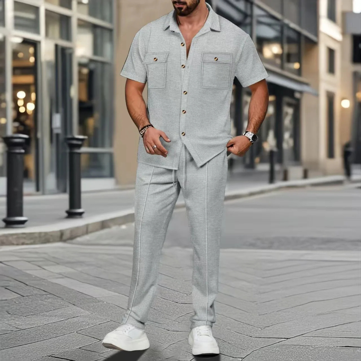 Marco | Men's Casual Linen Matching Set Cream Short Sleeve