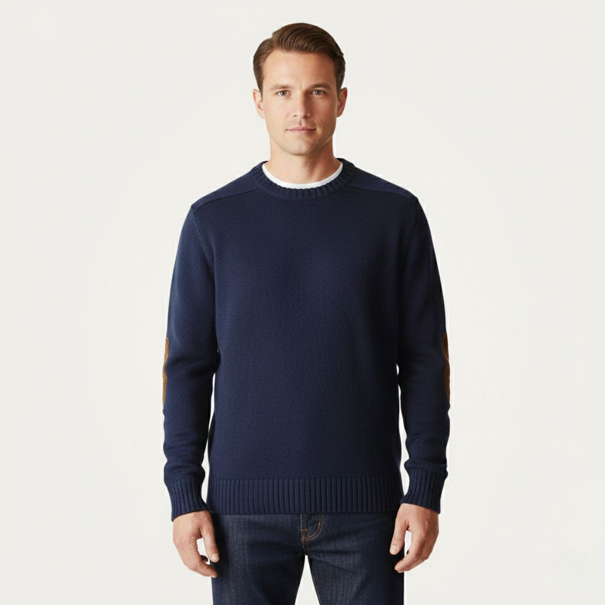 Beau | Men's Oversized Crew Neck Sweater Red Elbow Patches