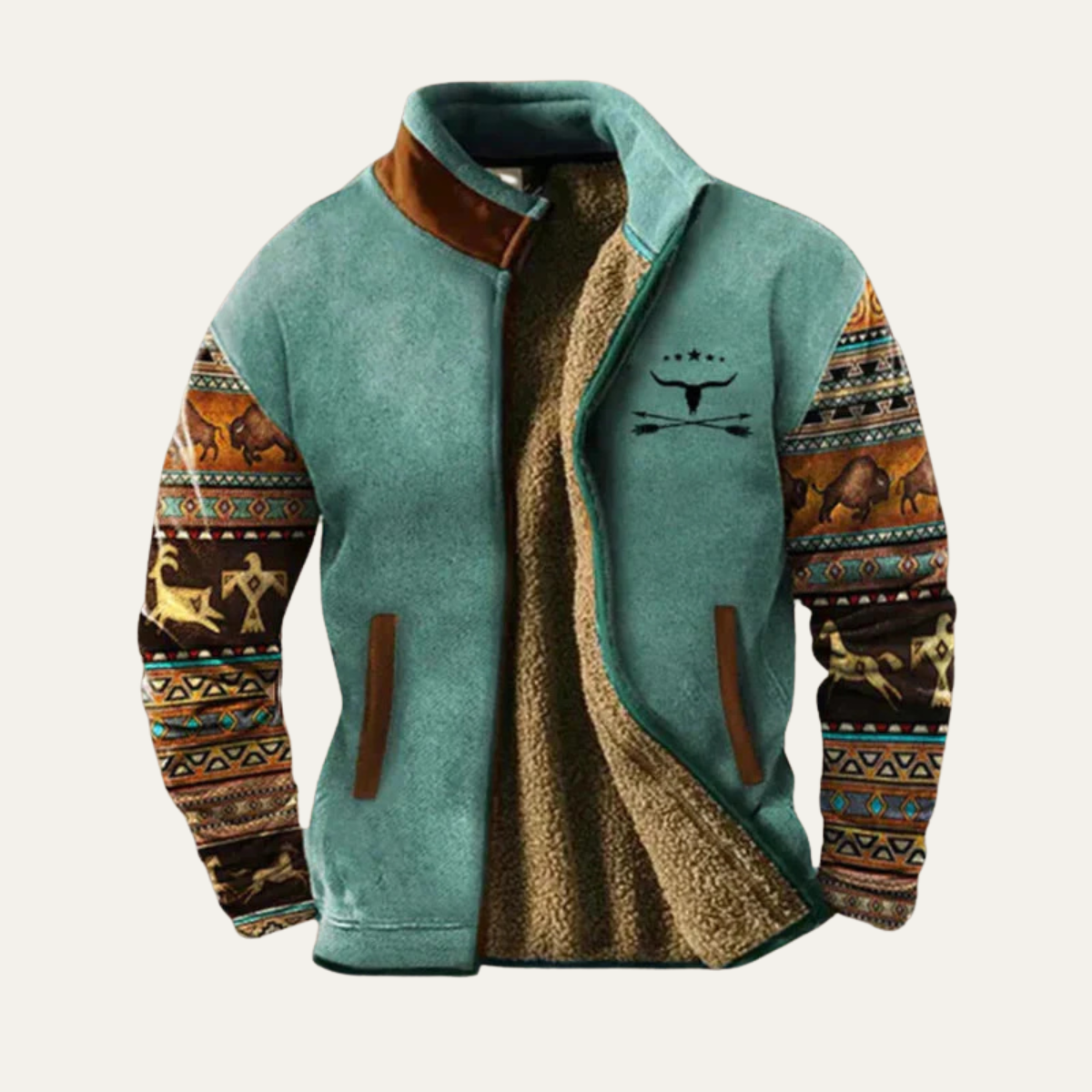 Axel | Men's Boho Fleece Jacket Gray Ethnic Pattern Sherpa Lined