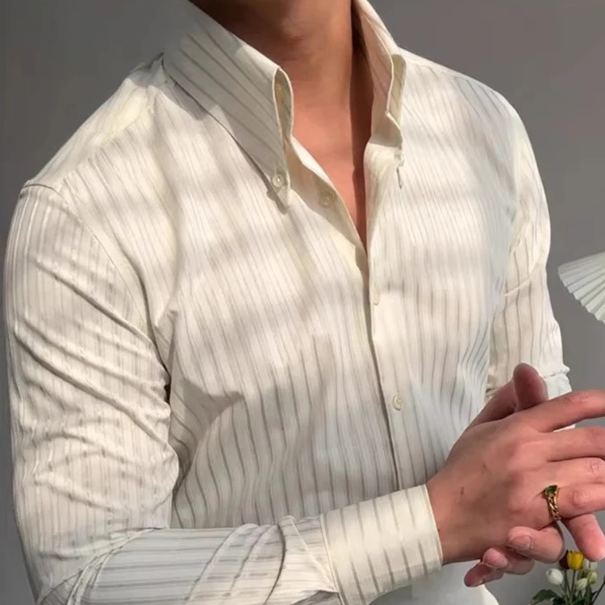 Jasper | Men's Cream Pinstripe Button Up Dress Shirt Long Sleeve