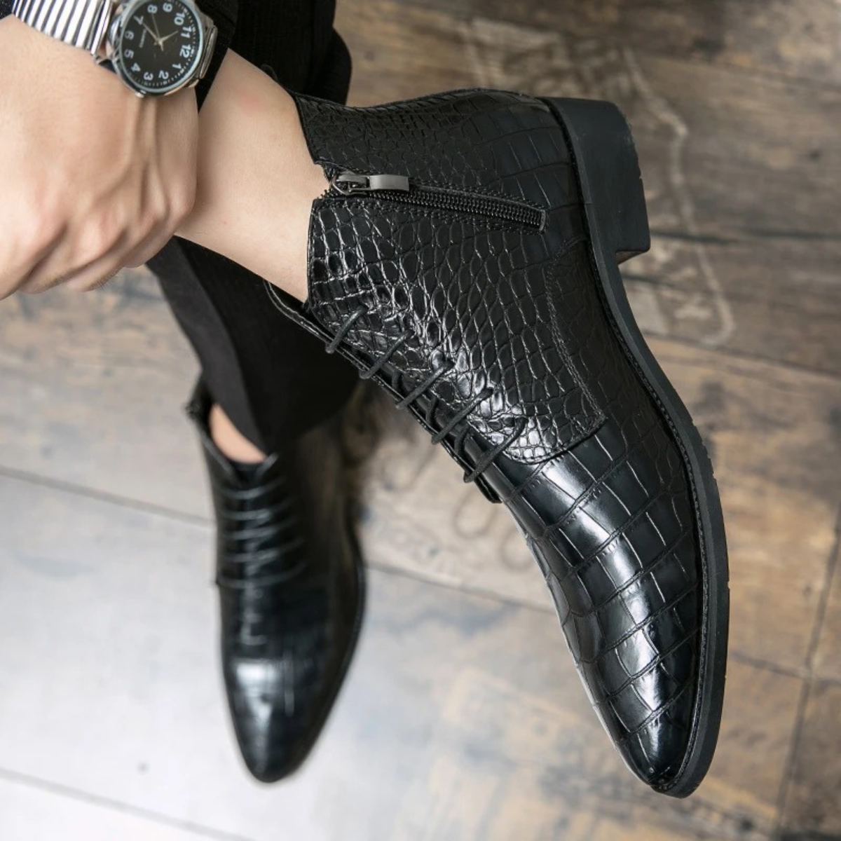 Knox | Men's Crocodile Leather Lace Up Ankle Boots Black