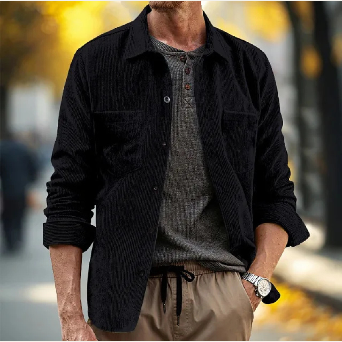Bram | Men's Casual Corduroy Button Up Shirt Jacket Black