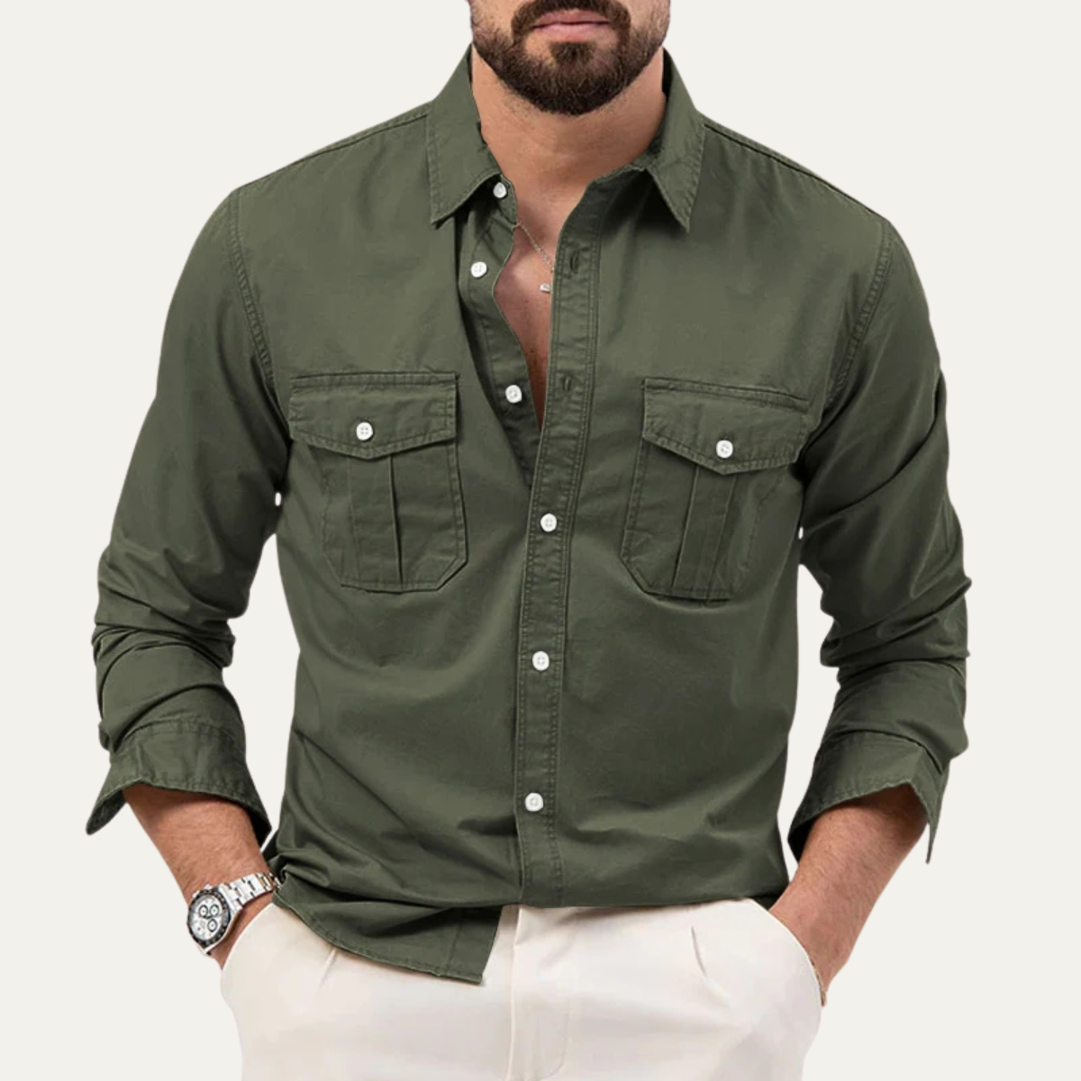 Ezra | Men's Utility Button Up Shirt Olive Long Sleeve