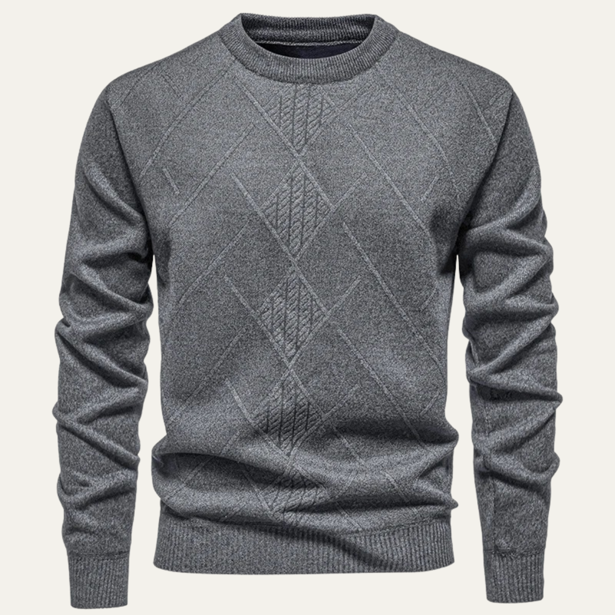 Ives | Men's Cable Knit Sweater Gray Crew Neck Diamond Pattern