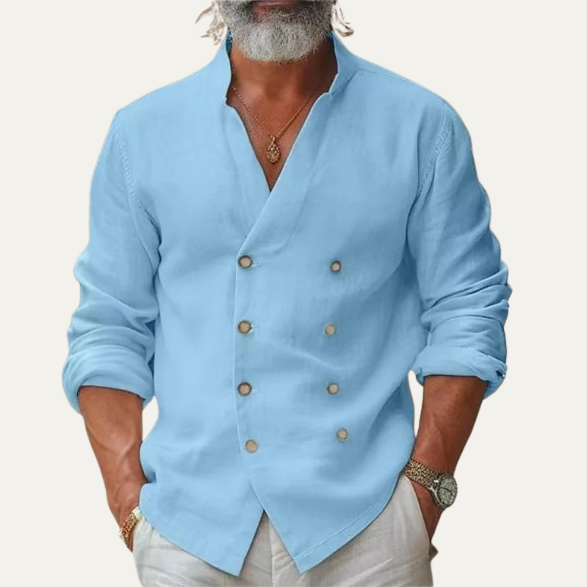 Sage | Men's Double Breasted Linen Shirt Cream Long Sleeve