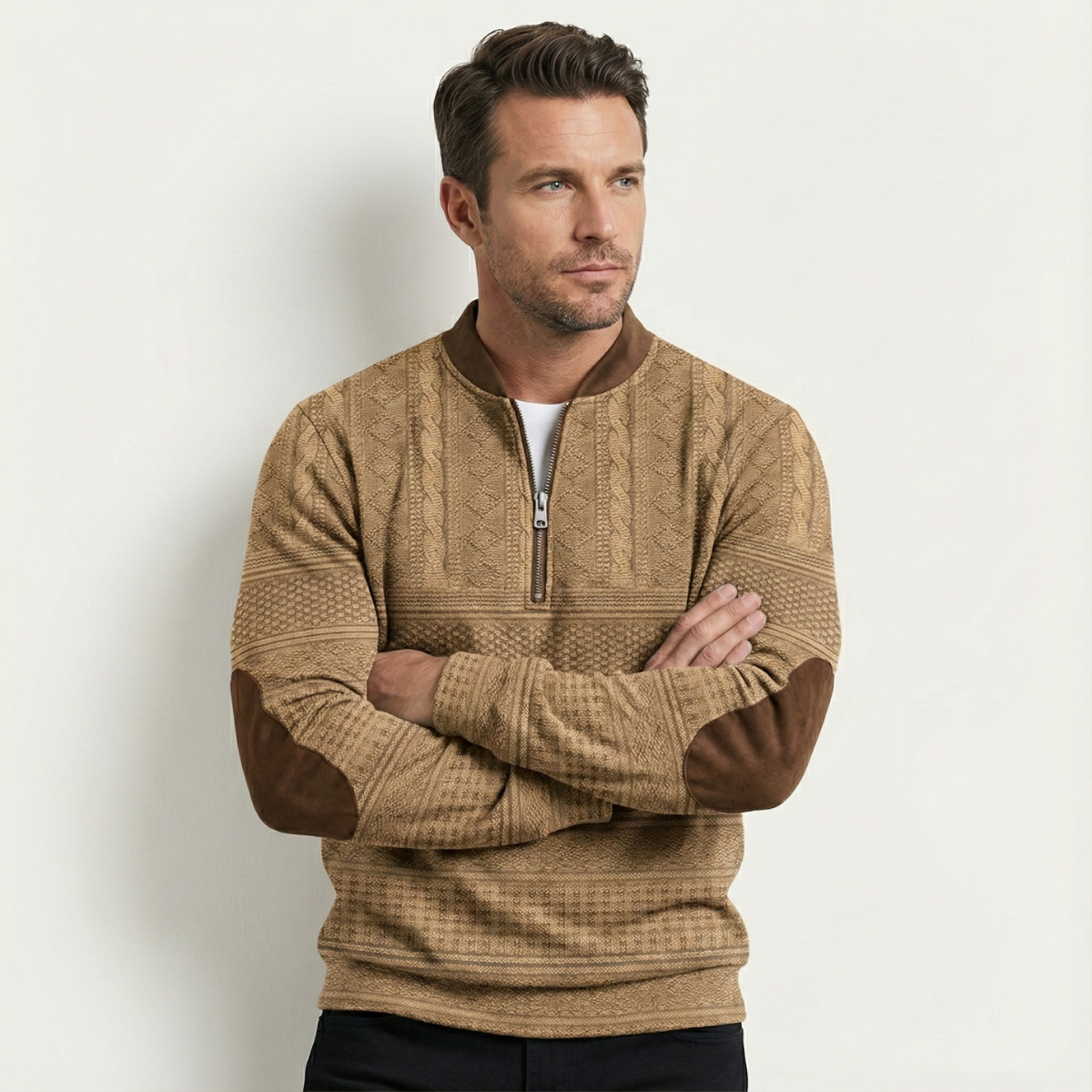 Beau | Men's Cable Knit Sweater Black Brown Elbow Patches Quarter Zip