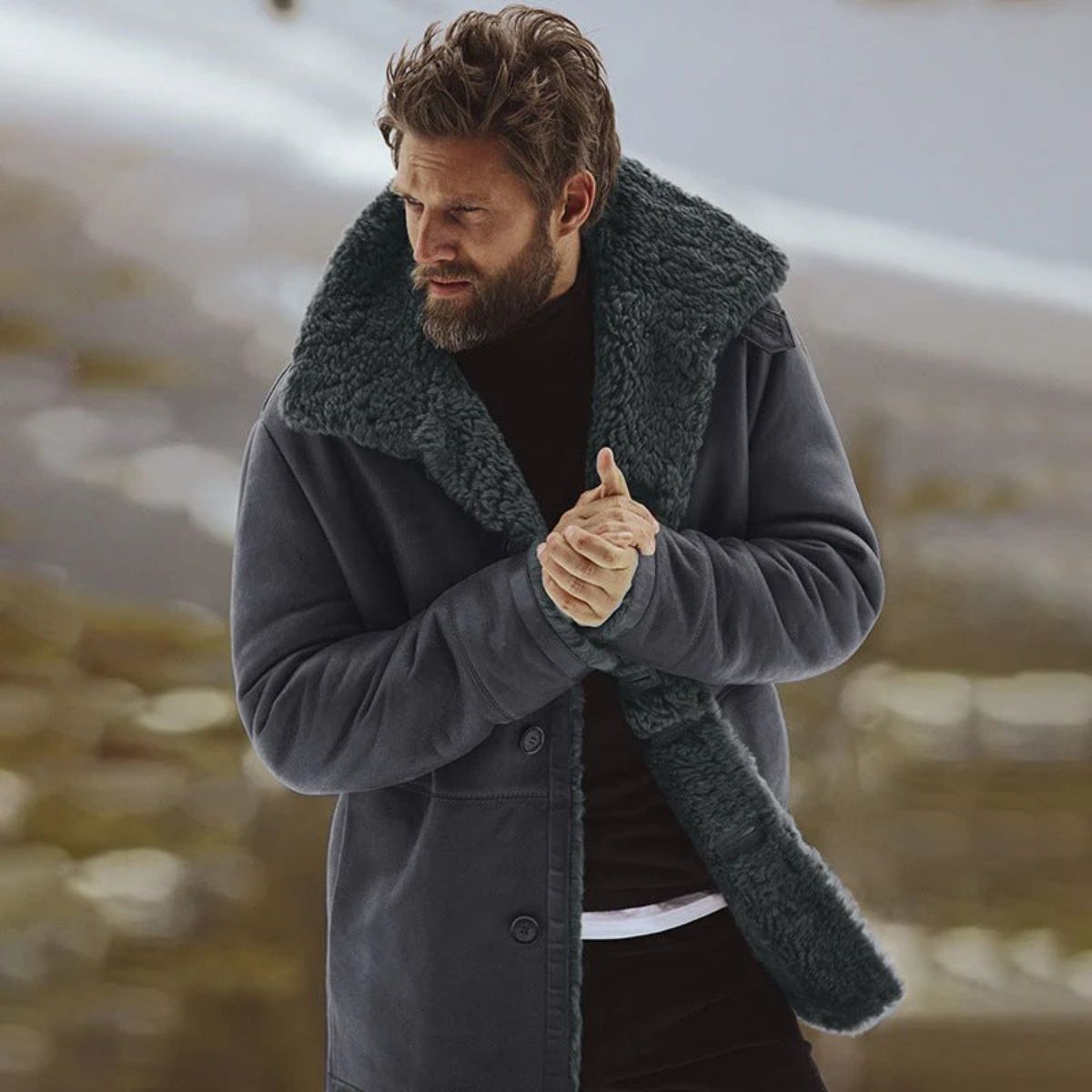 Voss | Men's Sherpa Lined Wool Overcoat Black